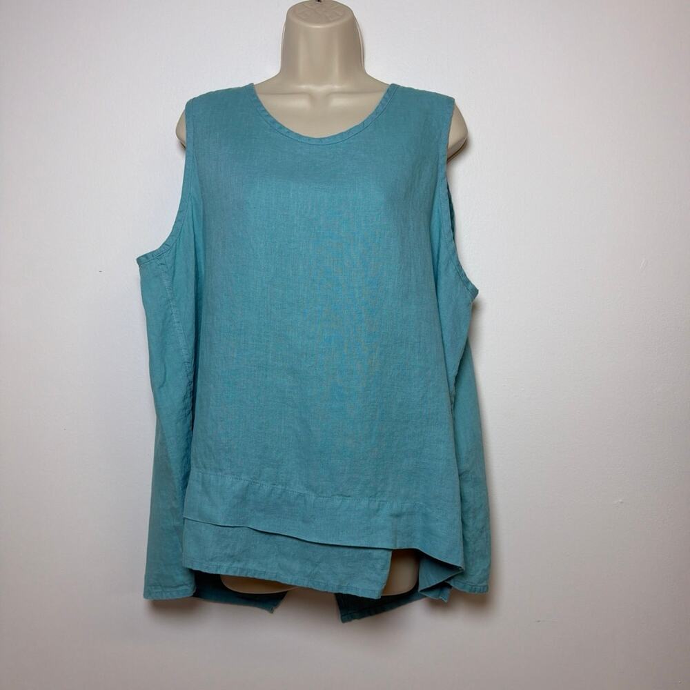 FLAX 100% Linen Split Back Tunic Top Teal Open Wrap Lagenlook Size Large